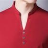 Men's Single Button Placket Plain V Neck Shirts Summer Slim Fit Pure Color Short Sleeve Fashion Casual Top (Red,165) view 3