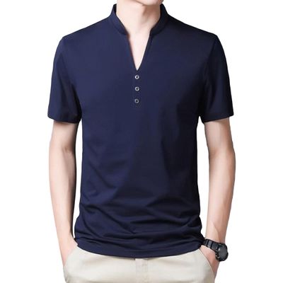 Men's Single Button Placket Plain V Neck Shirts Summer Slim Fit Pure Color Short Sleeve Fashion Casual Top (Dark Blue,175)