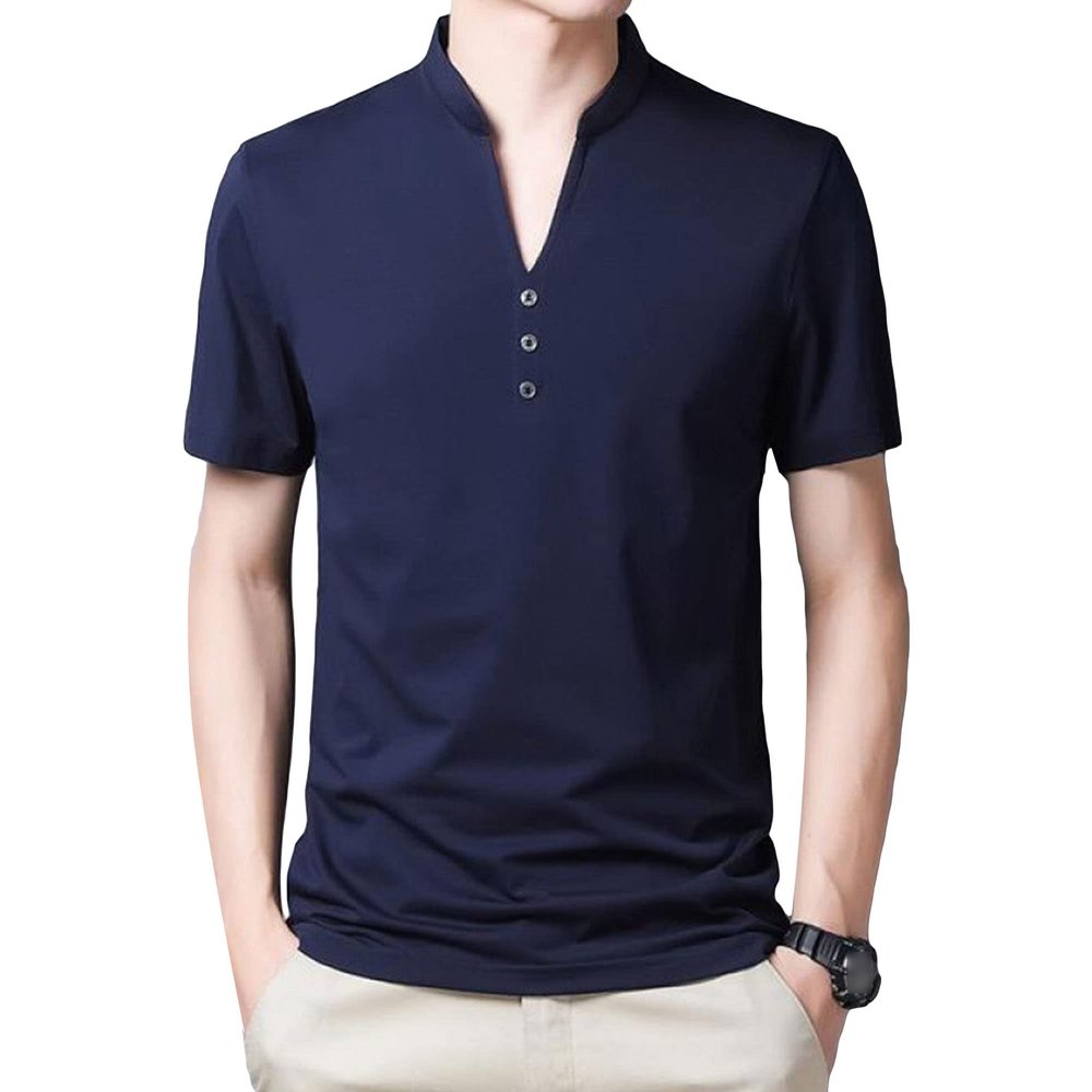 Men's Single Button Placket Plain V Neck Shirts Summer Slim Fit Pure Color Short Sleeve Fashion Casual Top (Dark Blue,175)