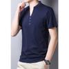 Men's Single Button Placket Plain V Neck Shirts Summer Slim Fit Pure Color Short Sleeve Fashion Casual Top (Dark Blue,175) view 2