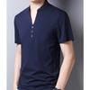 Men's Single Button Placket Plain V Neck Shirts Summer Slim Fit Pure Color Short Sleeve Fashion Casual Top (Dark Blue,175) view 3
