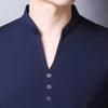 Men's Single Button Placket Plain V Neck Shirts Summer Slim Fit Pure Color Short Sleeve Fashion Casual Top (Dark Blue,175) view 4