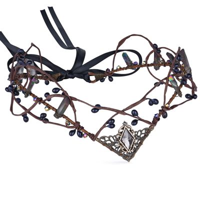 MOSTORY Handmade Gothic Crystal Crown Headpiece Black Rhinestone Tiara Elf Dark Raw Quartz Headband for Women Girls Ren Fair Medieval Wedding Bridal Party Cosplay Costume Hair Accessory