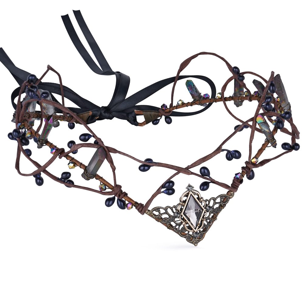 MOSTORY Handmade Gothic Crystal Crown Headpiece Black Rhinestone Tiara Elf Dark Raw Quartz Headband for Women Girls Ren Fair Medieval Wedding Bridal Party Cosplay Costume Hair Accessory