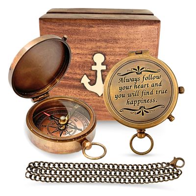 Brass Directional Engraved Compass, Baptism Gifts for Boys Girls, First Communion, Christian Gifts for Men, First Confirmation Gifts for Boys, Inspirational (#3 Always Follow Your Heart)