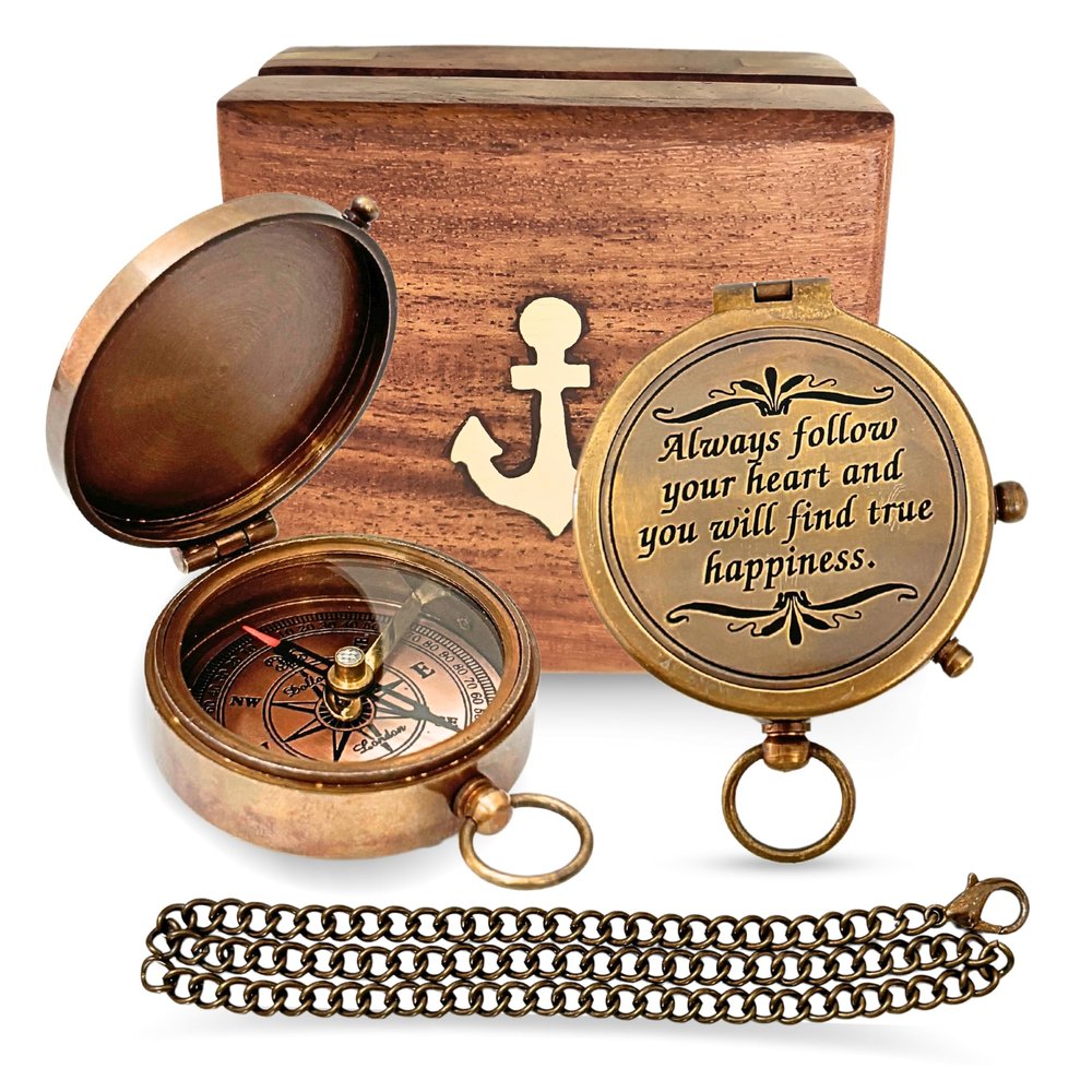 Brass Directional Engraved Compass, Baptism Gifts for Boys Girls, First Communion, Christian Gifts for Men, First Confirmation Gifts for Boys, Inspirational (#3 Always Follow Your Heart)