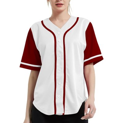 DIGITMON Women's Baseball Softball Jersey Button Down Premium Hip Hop T Shirts Uniform WHITEBURGUNDY, X-Small