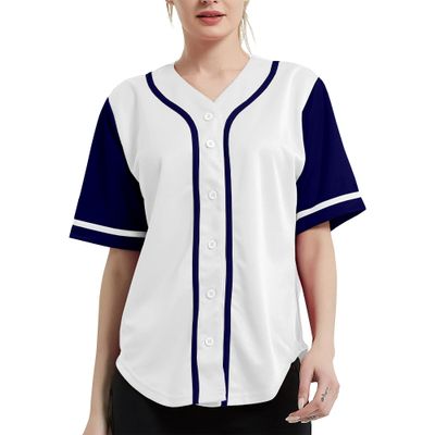 DIGITMON Women's Baseball Softball Jersey Button Down Premium Hip Hop T Shirts Uniform WHITENAVY, X-Large