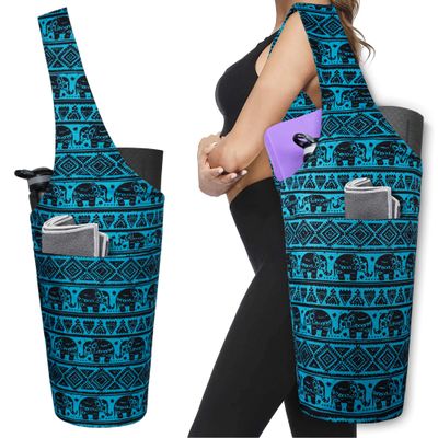 BagYG Yoga Mat Bag - Long Tote with Pockets - Holds More Yoga Accessories - Yoga Bag Fit Most Size Mats - Aztec Elephant Cyan Yoga Mat Carrier,BagYG-31066265,37''x15.5''