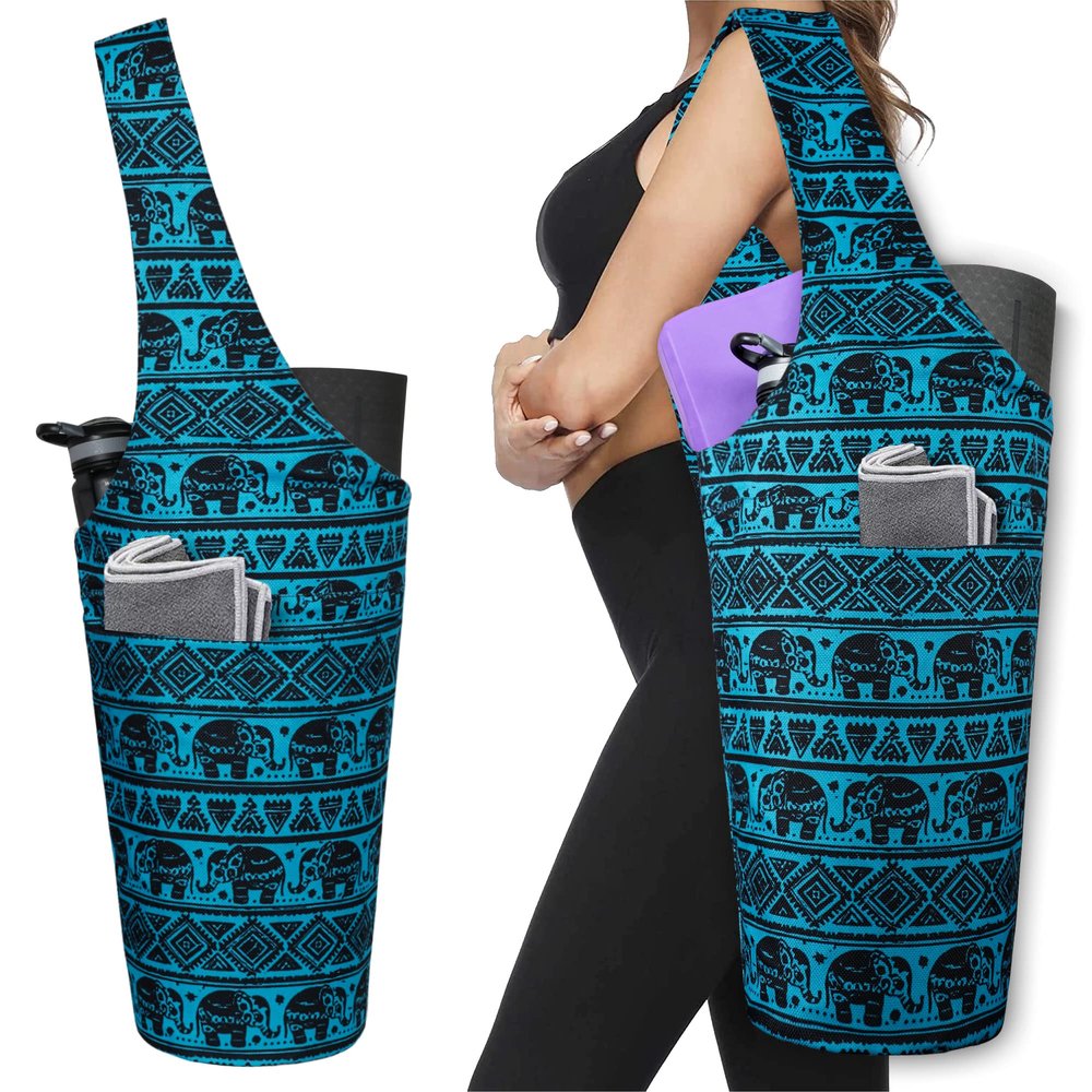 BagYG Yoga Mat Bag - Long Tote with Pockets - Holds More Yoga Accessories - Yoga Bag Fit Most Size Mats - Aztec Elephant Cyan Yoga Mat Carrier,BagYG-31066265,37''x15.5''