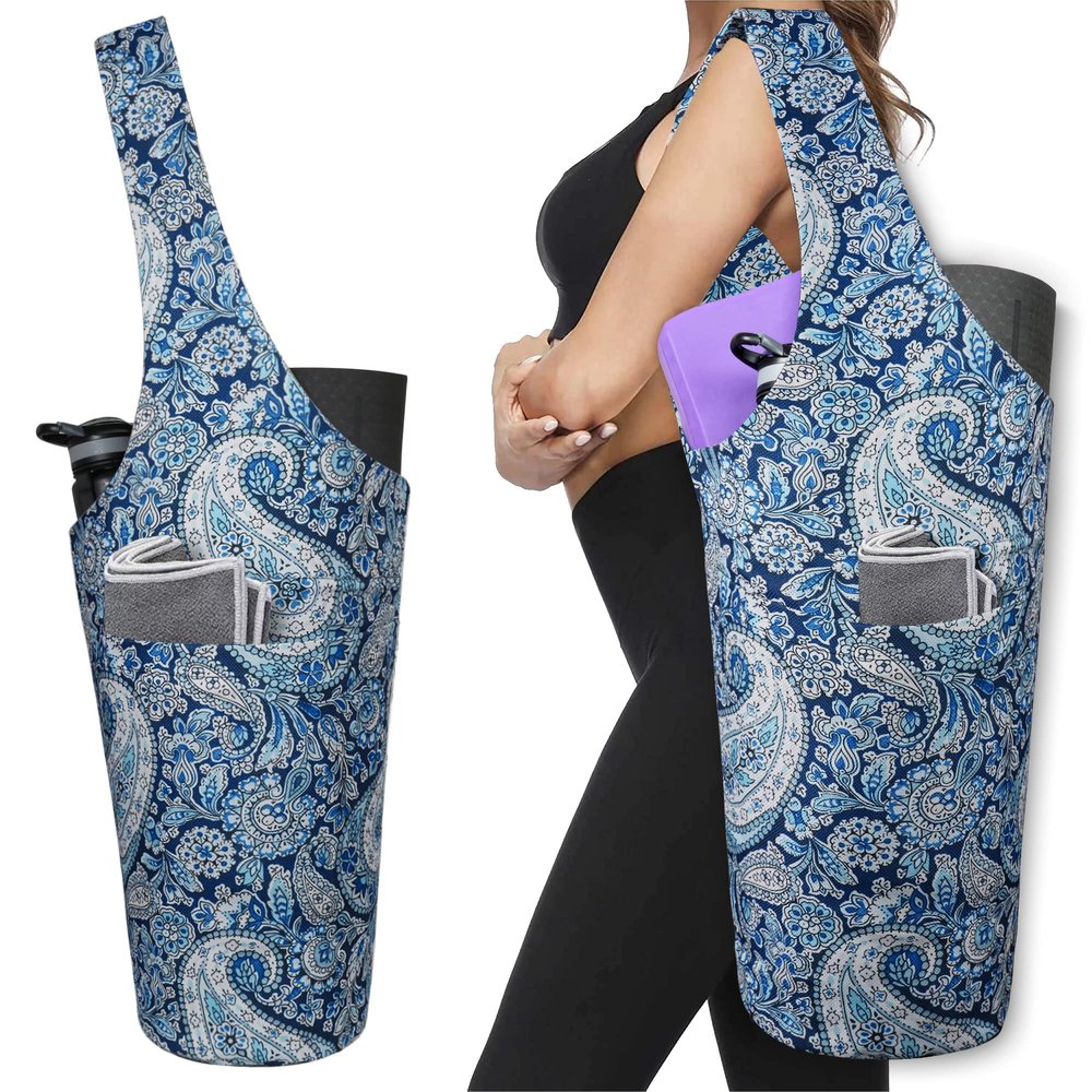 BagYG Yoga Mat Bag - Long Tote with Pockets - Holds More Yoga Accessories - Yoga Bag Fit Most Size Mats - Navy Paisley Yoga Mat Carrier,BagYG-31066411,37''x15.5''