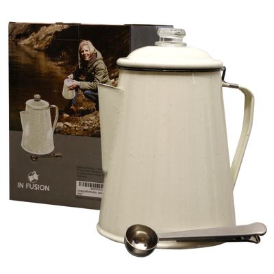 IN FUSION Camping Boiler Enamel Coating And Glass Cap For Backpacking, Campsite, Kitchen, Over Stove And Pot Makes 12 Cups Comes With Stainless Steel Spoon (Beige) No Basket