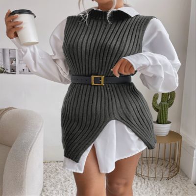 AIEBO Women's Shirts Women's Tops Shirts for Women Ribbed Knit Asymmetrical Hem Sweater Vest Without Belt Blouse (Color : Dark Grey, Size : Small)