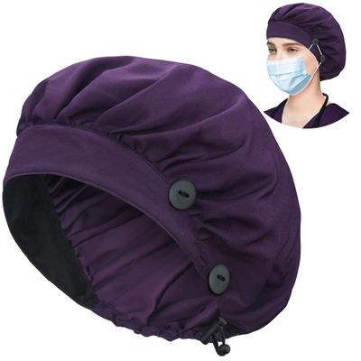 ABAMERICA Bouffant Caps with Button and Sweatband, Adjustable Scrub Caps for Women Men, Single Satin Layer