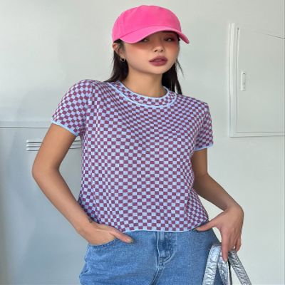 AIEBO Women's Shirts Women's Tops Shirts for Women Checker Pattern Contrast Binding Knit Top (Color : Lilac Purple, Size : Small)