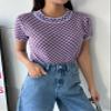 AIEBO Women's Shirts Women's Tops Shirts for Women Checker Pattern Contrast Binding Knit Top (Color : Lilac Purple, Size : Small) view 3