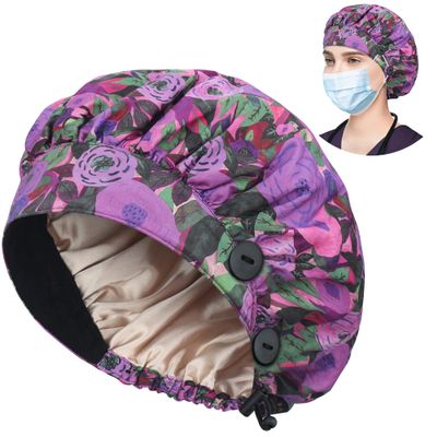 ABAMERICA Bouffant Caps with Button and Sweatband, Adjustable Scrub Caps for Women Men, Satin Layer