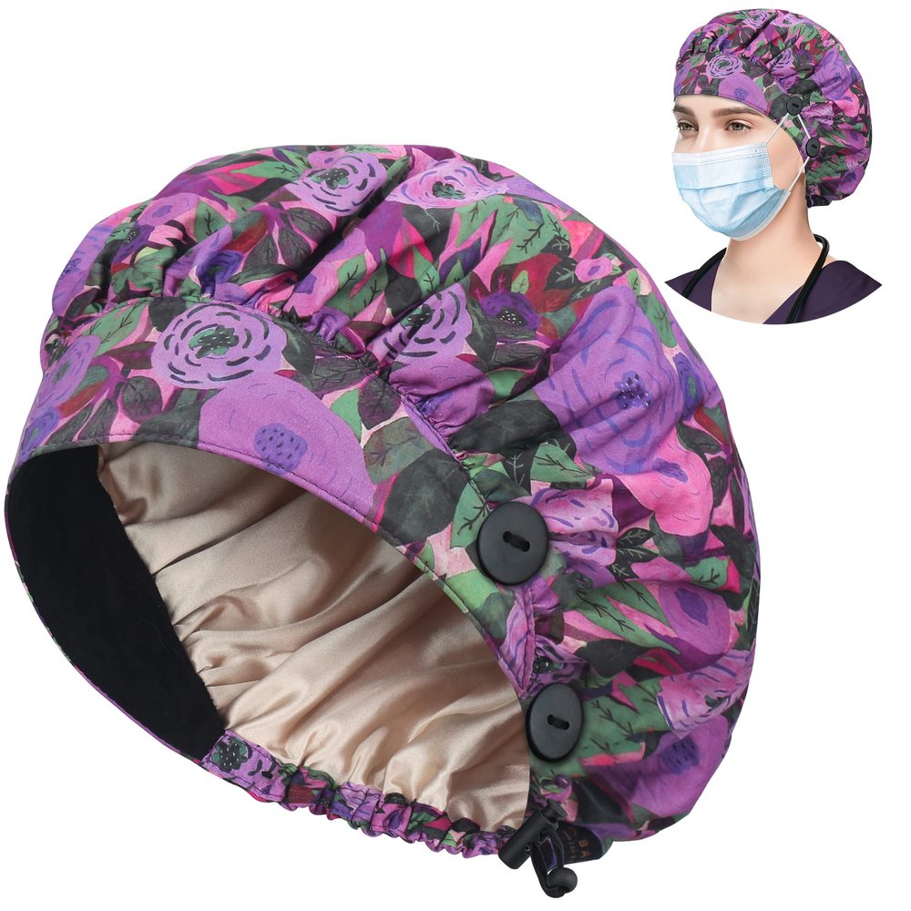 ABAMERICA Bouffant Caps with Button and Sweatband, Adjustable Scrub Caps for Women Men, Satin Layer