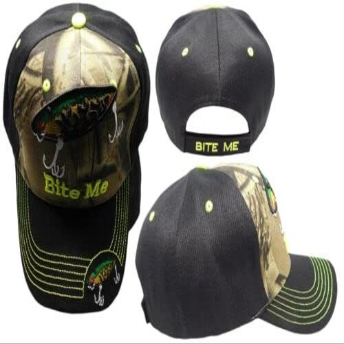 Bite Me Fishing Lure Fish Bass Camouflage Front Black Back Embroidered Cap Hat