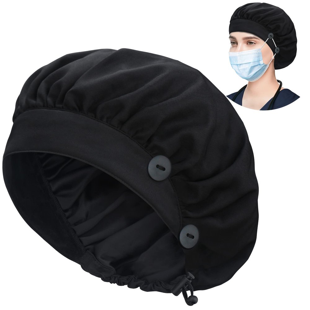ABAMERICA Bouffant Caps with Button and Sweatband, Adjustable Scrub Caps for Women Men, Single Satin Layer