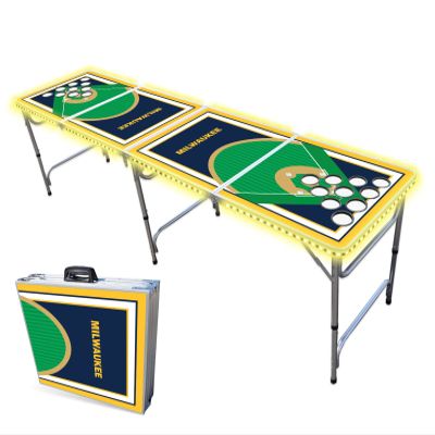8-Foot Professional Beer Pong Table w/Cup Holes & LED Lights - Milwaukee Baseball Diamonds