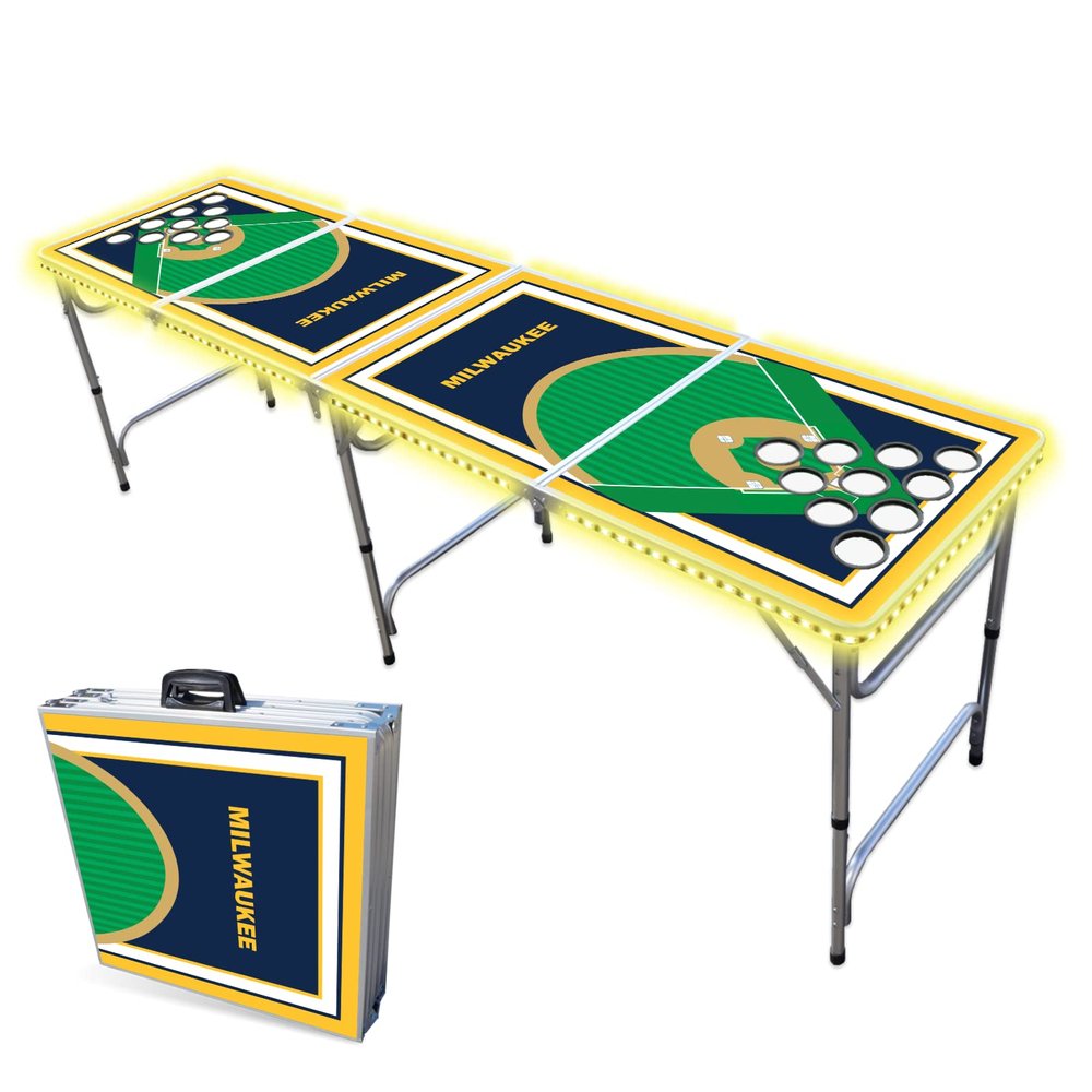 8-Foot Professional Beer Pong Table w/Cup Holes & LED Lights - Milwaukee Baseball Diamonds