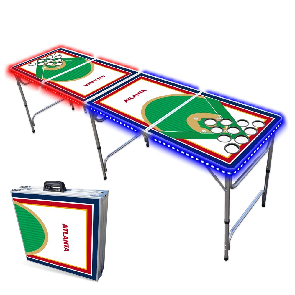 8-Foot Professional Beer Pong Table w/Cup Holes & LED Lights - Atlanta Baseball Diamonds