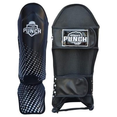 Right Punch Shin Guards Kickboxing Leg Pads with Instep Protection, Muay Thai MMA Martial Arts Kicking Sparring Training Gear - Black & Silver (X-Small)