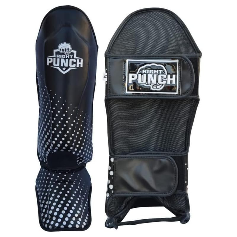 Right Punch Shin Guards Kickboxing Leg Pads with Instep Protection, Muay Thai MMA Martial Arts Kicking Sparring Training Gear - Black & Silver (X-Small)