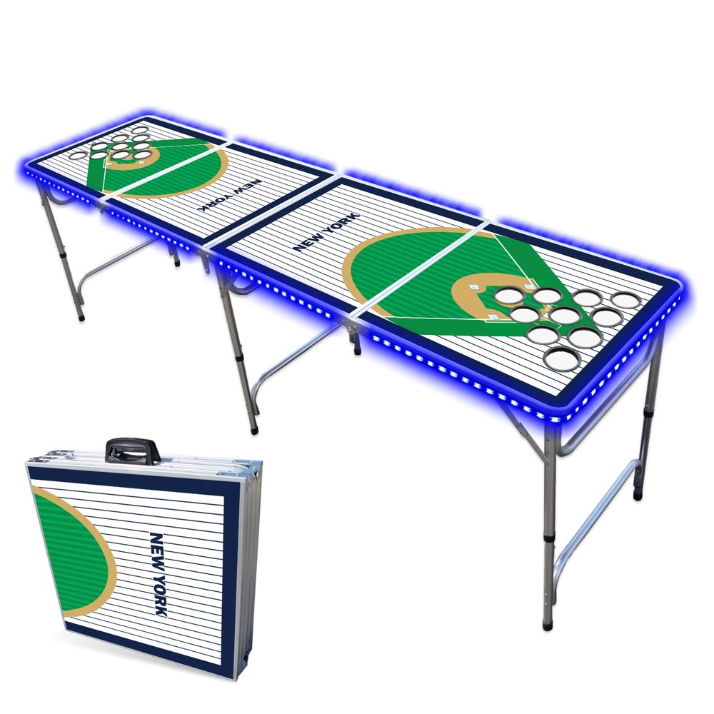 8-Foot Professional Beer Pong Table w/Cup Holes & LED Lights - NY Baseball Diamonds