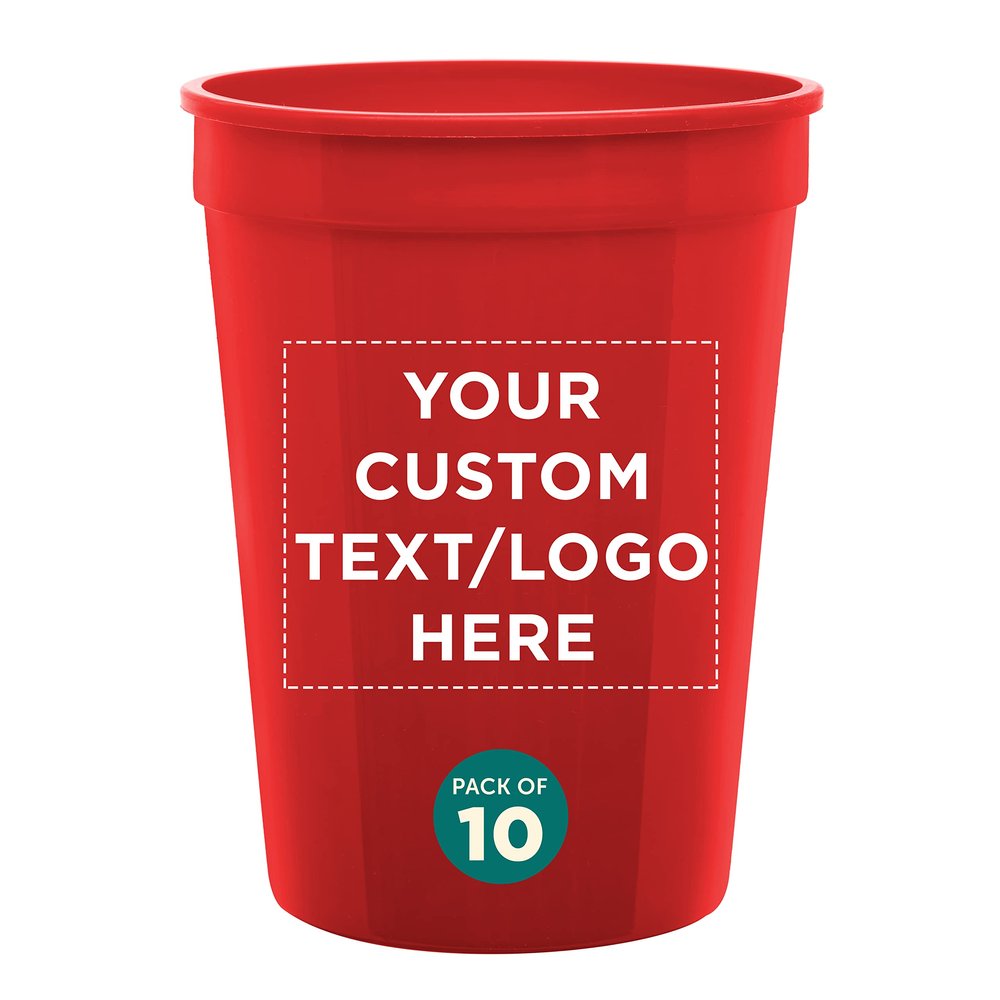 Custom Disposable Plastic Cups 12 oz. Set of 10, Personalized Bulk Pack - Perfect for Summer, Sporting Events, Birthdays, Weddings, Picnic, Beach, Parties - Red