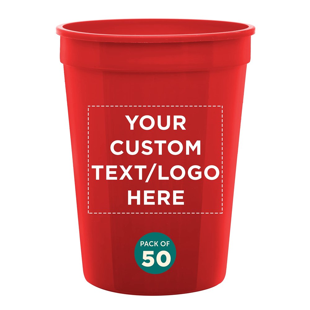 Custom Disposable Plastic Cups 12 oz. Set of 50, Personalized Bulk Pack - Perfect for Summer, Sporting Events, Birthdays, Weddings, Picnic, Beach, Parties - Red