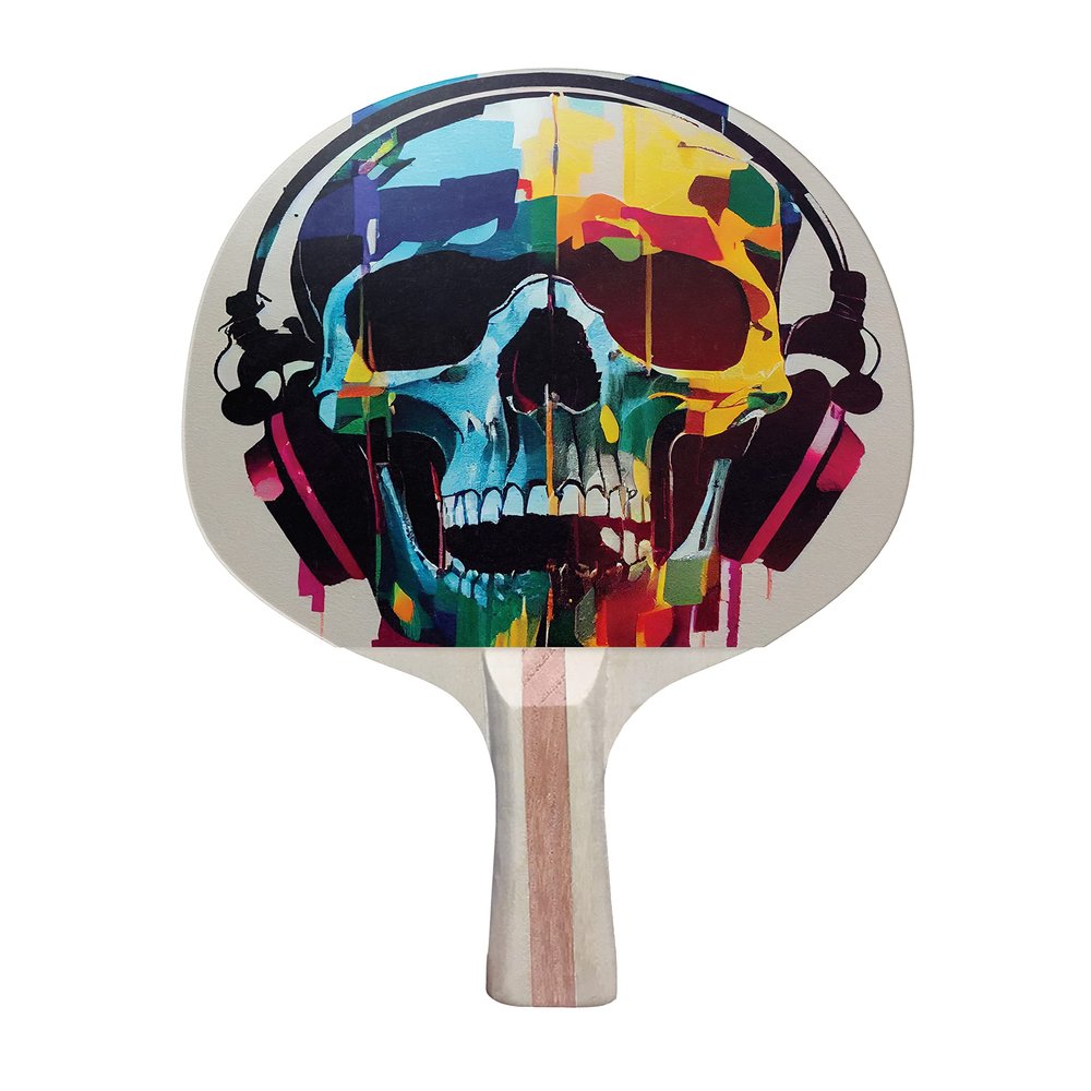 TigerTail Sports Skull Headphone Colorful Design Ping Pong Paddle, Premium 5 Ply Table Tennis Racket (Red on Back)