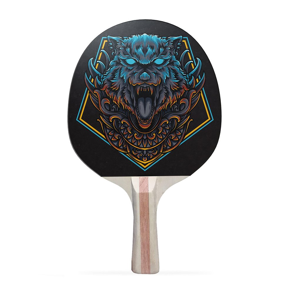 TigerTail Sports Wolf Emblem Colorful Design Ping Pong Paddle, Premium 5 Ply Table Tennis Racket (Red on Back)