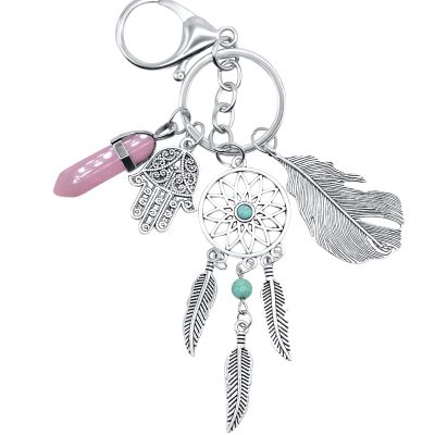Dreamcatcher Evil Eye Keychain Good Luck Charms Protection Evil Eye Ornament for Car Key Ring (Cherry Quartz)