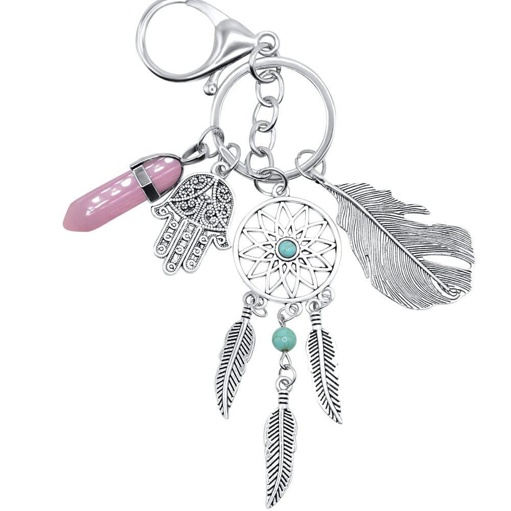 Dreamcatcher Evil Eye Keychain Good Luck Charms Protection Evil Eye Ornament for Car Key Ring (Cherry Quartz)