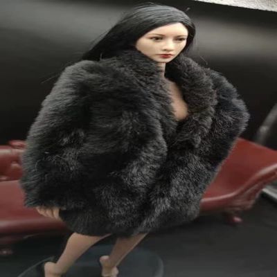BOSWON 1/6 Scale Female Soldier Black Long Faux Rabbit Fur Coat Model for 12"