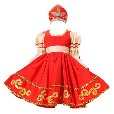 Girls Russian Traditional Dance Dress Puff Sleeve Swing Ethnic Performance Outfit Red