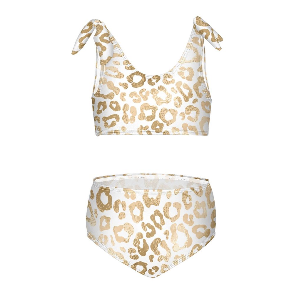 Aflyko Girls' Swimwear Gold Silver Leopard Print 2-Piece Bikini Set Summer Swimsuit Holiday Bathing Suit Hawaii Beachwear Water Sport Tankini Set 7-8T