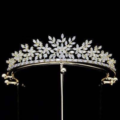 Small Wedding Tiara Cubic Zirconia Princess Quince Crown Floral Bridal Headpiece CZ Birthday Party Sweet 16 Tiaras Para 15 Aos Quinceaeras (Gold)