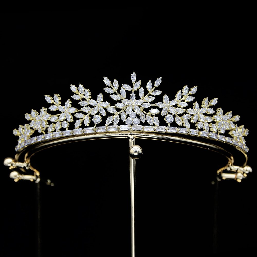 Small Wedding Tiara Cubic Zirconia Princess Quince Crown Floral Bridal Headpiece CZ Birthday Party Sweet 16 Tiaras Para 15 Aos Quinceaeras (Gold)