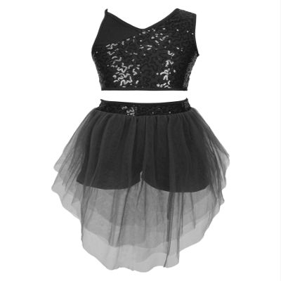 winying Kids Girls Lyrical Dance Dress Outfit Mesh Splice Crop Top with High Low Skirt Set Modern Dancing Costume Black A 10 Years
