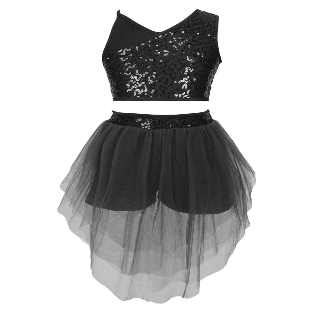 winying Kids Girls Lyrical Dance Dress Outfit Mesh Splice Crop Top with High Low Skirt Set Modern Dancing Costume Black A 10 Years