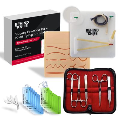 Behind the Knife Practice Kit with How-to Videos for Left and Right-Handed Learners. Includes Pre-Cut Suture Pad, Surgical Instruments, Suture Material, and Multi-Function Knot-Tying Practice Board
