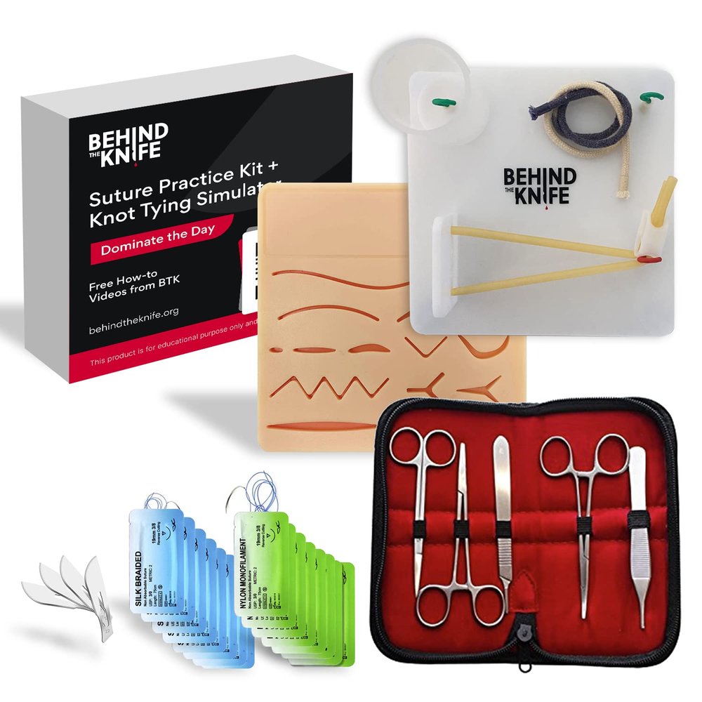 Behind the Knife Practice Kit with How-to Videos for Left and Right-Handed Learners. Includes Pre-Cut Suture Pad, Surgical Instruments, Suture Material, and Multi-Function Knot-Tying Practice Board