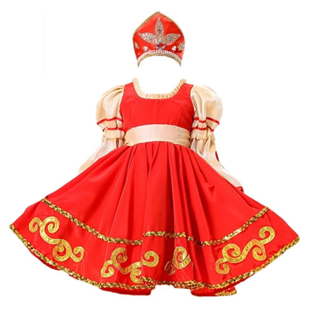 Girls Russian Traditional Dance Dress Puff Sleeve Swing Ethnic Performance Outfit Red