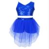 winying Kids Girls Lyrical Dance Dress Outfit Mesh Splice Crop Top with High Low Skirt Set Modern Dancing Costume Royal Blue A 10 Years view 1
