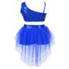 winying Kids Girls Lyrical Dance Dress Outfit Mesh Splice Crop Top with High Low Skirt Set Modern Dancing Costume Royal Blue A 10 Years view 3