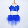 winying Kids Girls Lyrical Dance Dress Outfit Mesh Splice Crop Top with High Low Skirt Set Modern Dancing Costume Royal Blue A 10 Years view 4