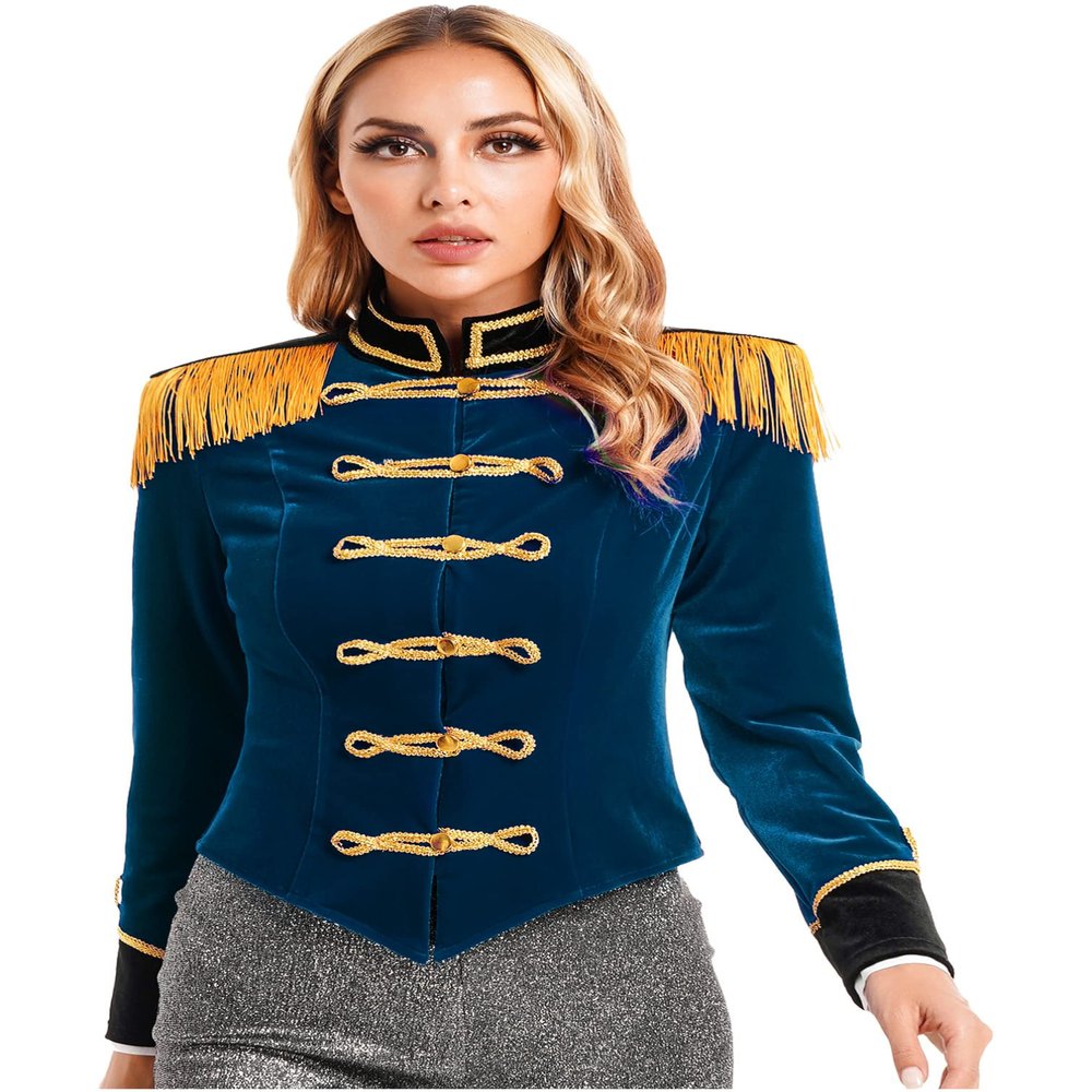 Sywiyi Women's Ringmaster Tailcoat Circus Ringleader Costume Jacket Open Front Tassels Tail Coat Dark Blue Small